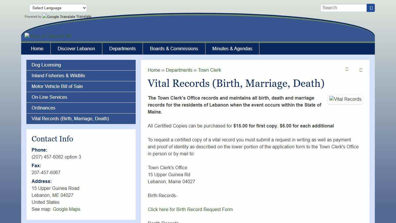 Vital Records (Birth, Marriage, Death) | Town of Lebanon ME